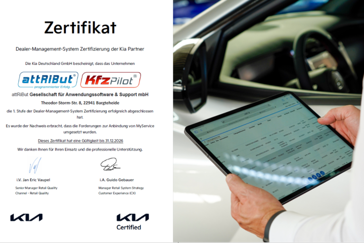 KIA Deutschland GmbH zertifiziert die Autohaussoftware KfzPilot von attRiBut