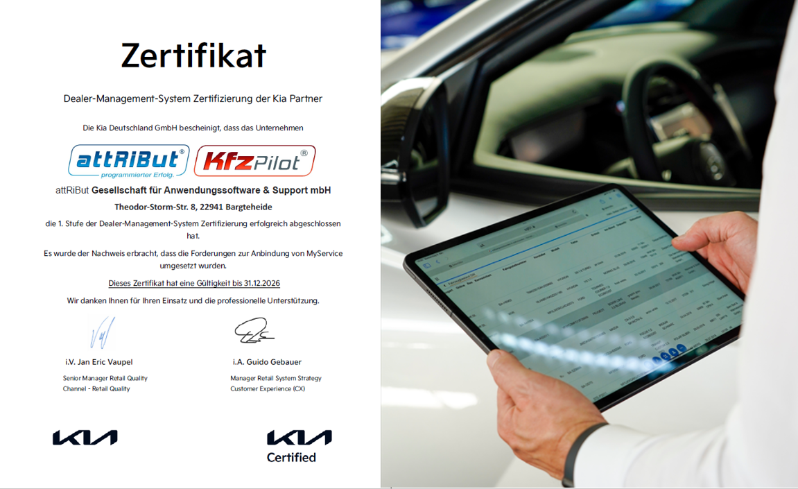 KIA Deutschland GmbH zertifiziert die Autohaussoftware KfzPilot von attRiBut